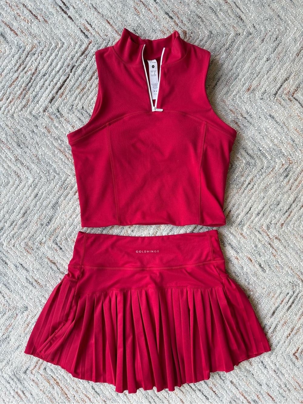 Gold Hinge Red Athletic Crop Top & Pleated Skirt Set